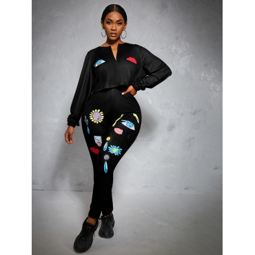 

LW V Neck Sun-shaped Print Pants Set, Black