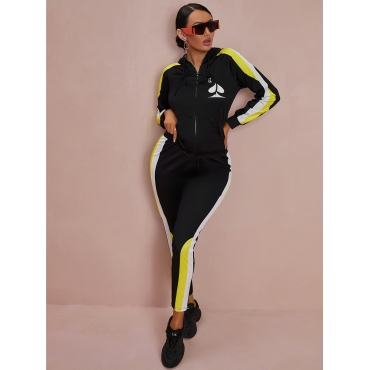 

LW Hooded Collar Patchwork Tracksuit Set, Black