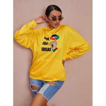

LW Plus Size Lip Letter Print Hoodie, Yellow