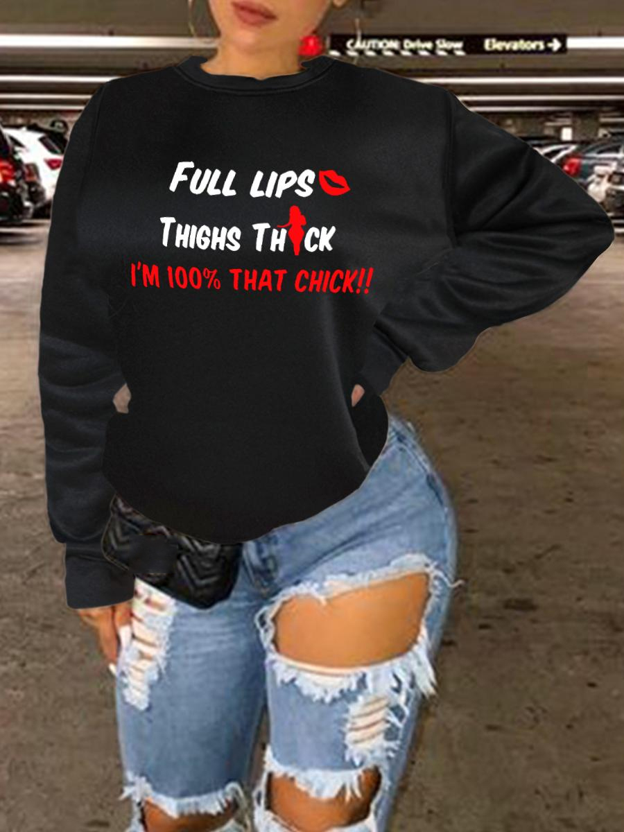 

LW Letter Lip Print Pullover Sweatshirt, Black