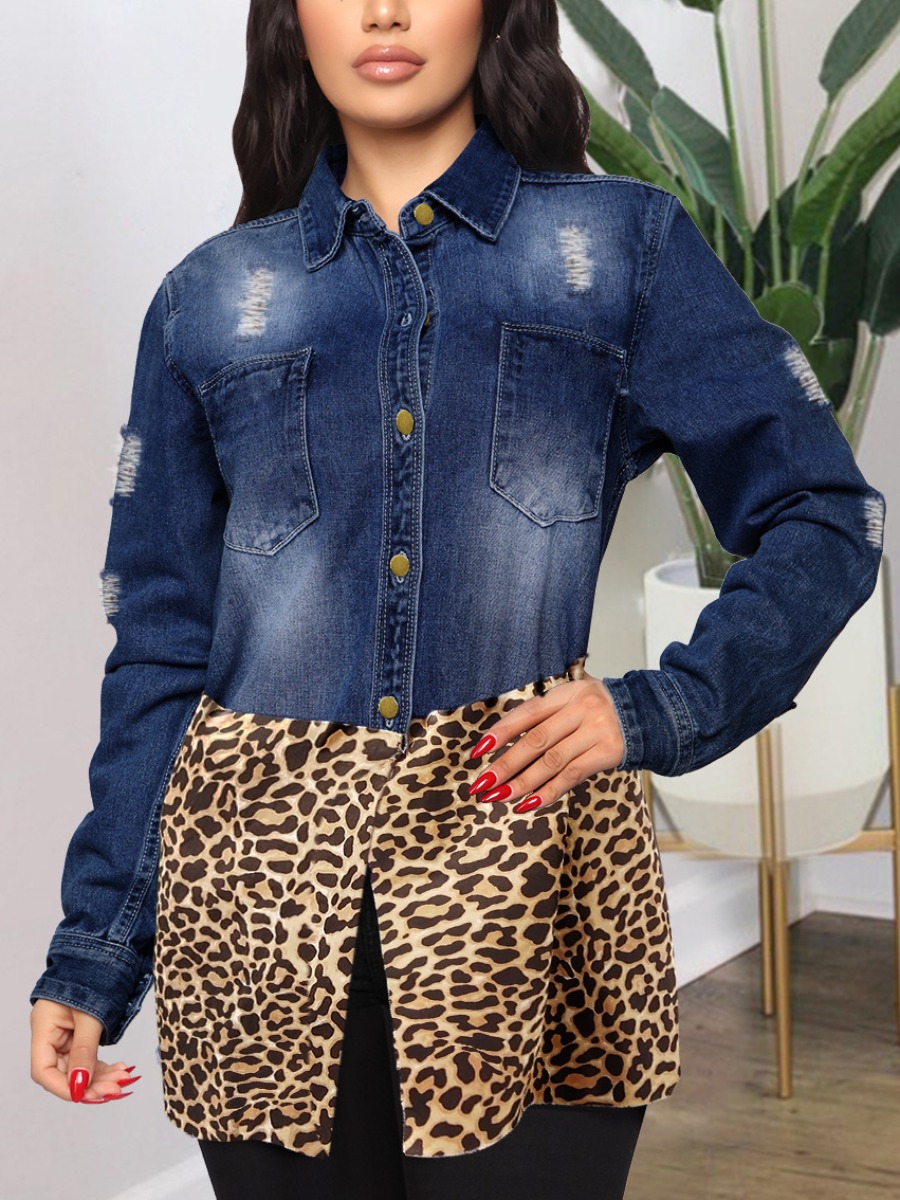 LW Plus Size Leopard Print Ripped Denim Coat