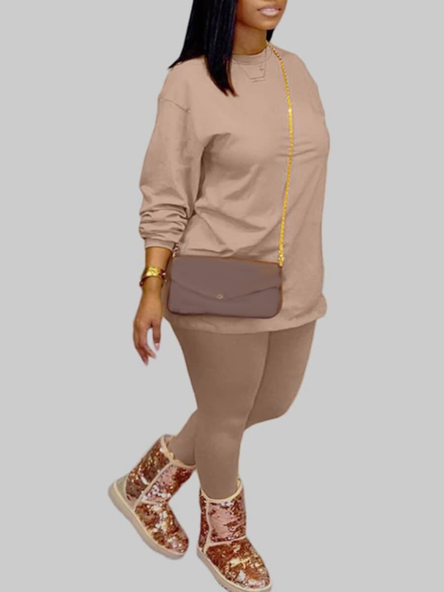 

LW BASICS Plus Size Round Neck Elastic Pants Set, Khaki