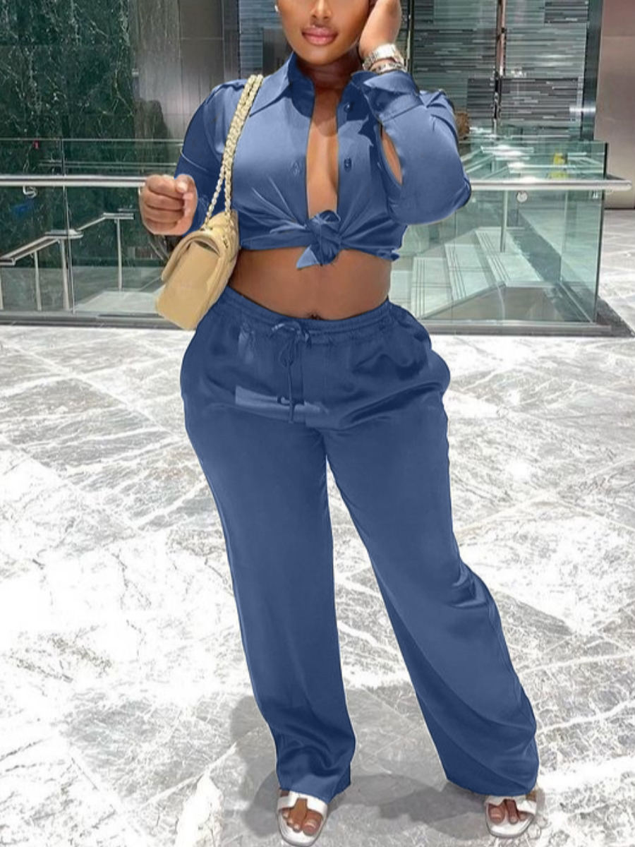 

LW SXY Solid Drawstring Pants Set, Blue