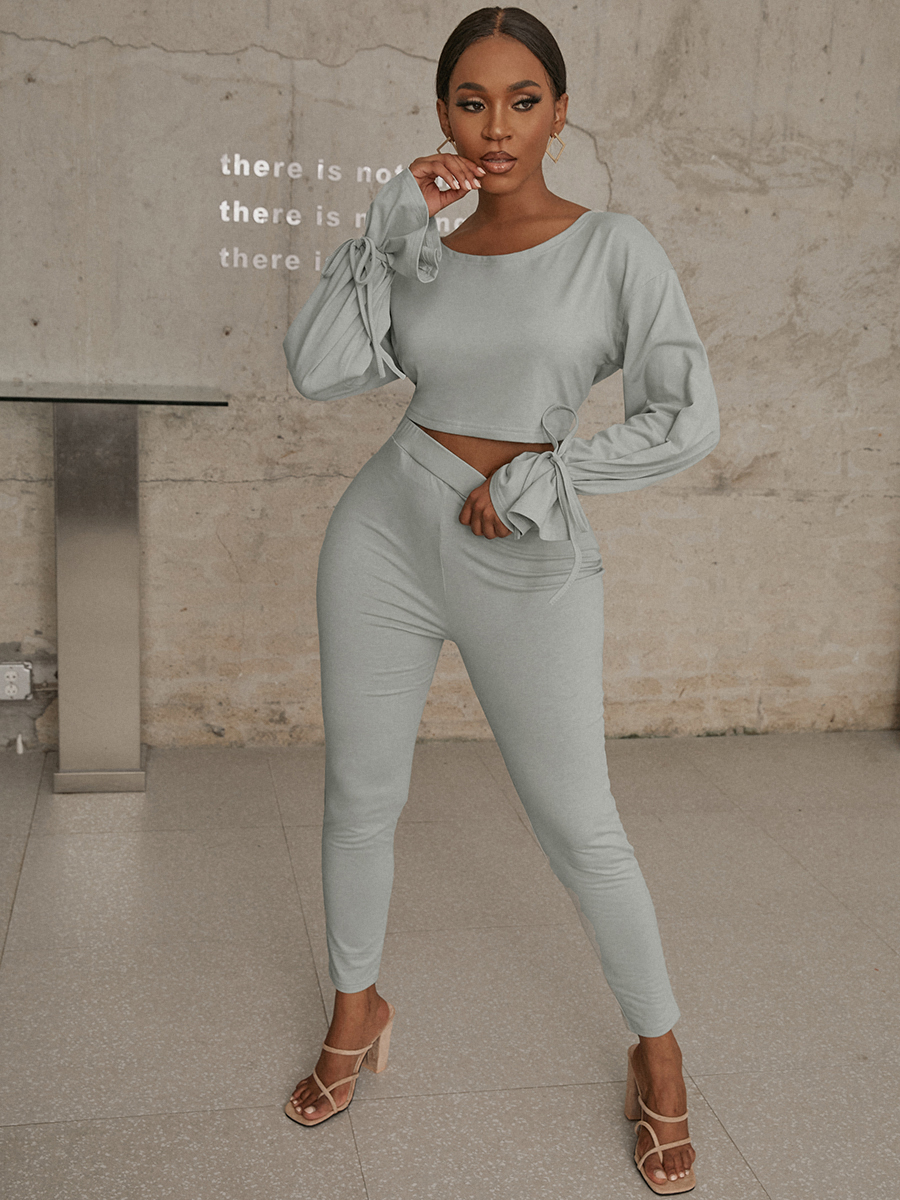 

LW COTTON Bandage Ruffle Design Pants Set, Grey