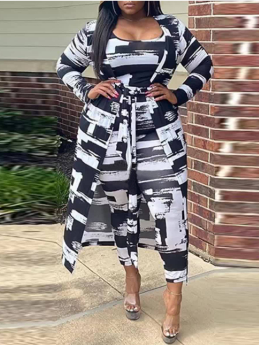 

LW Plus Size U Neck Print Patchwork Pants Set, Black