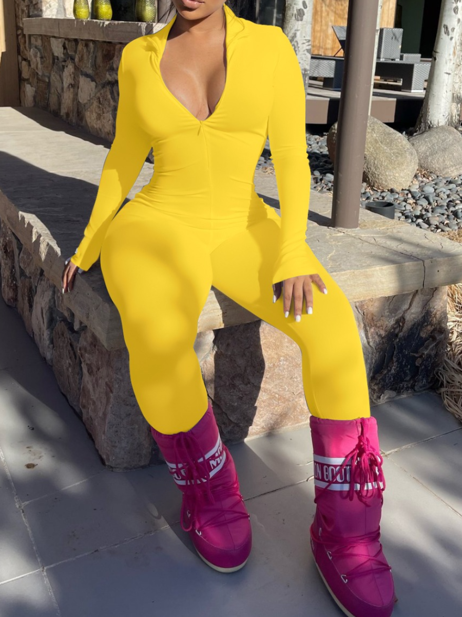 

LW BASICS Zipper Design Skinny Jumpsuit, Yellow