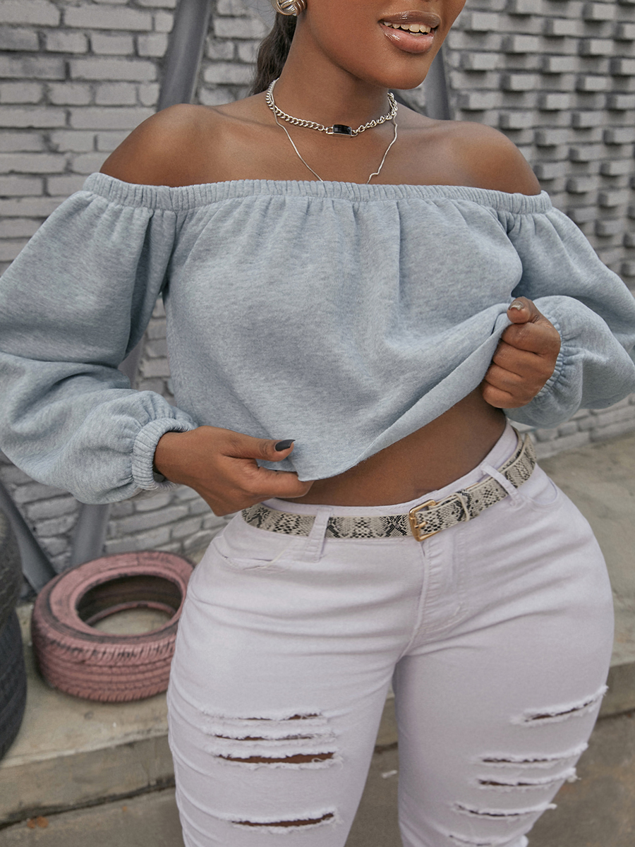 LovelyWholesale SXY Off The Shoulder Raw Edge Sweatshirt Fall Long Sleeve Sxy Shirred Bateau Neck Spring Summer 2024