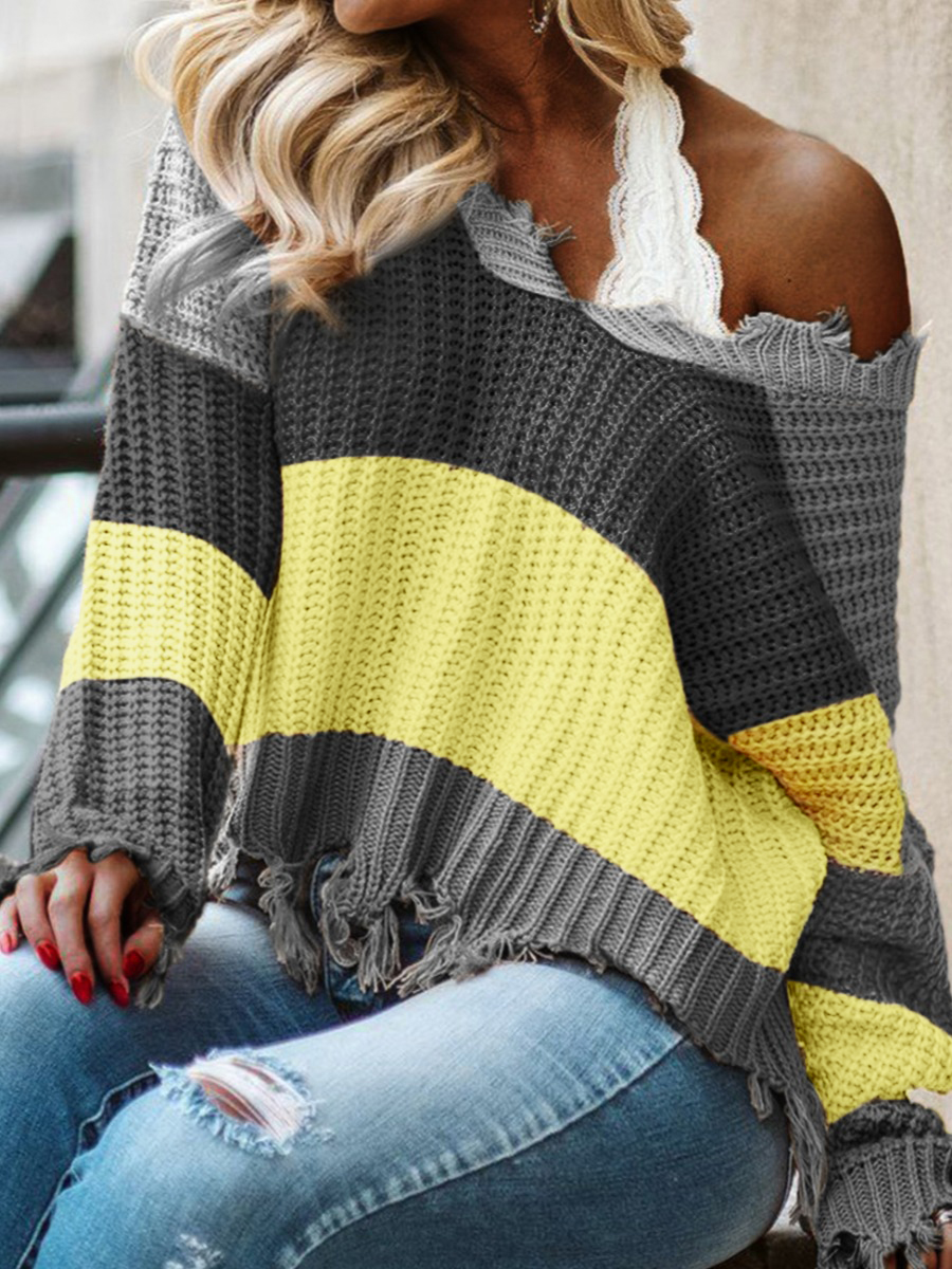 

LW Plus Size Tassel Design Patchwork Sweater, Grey