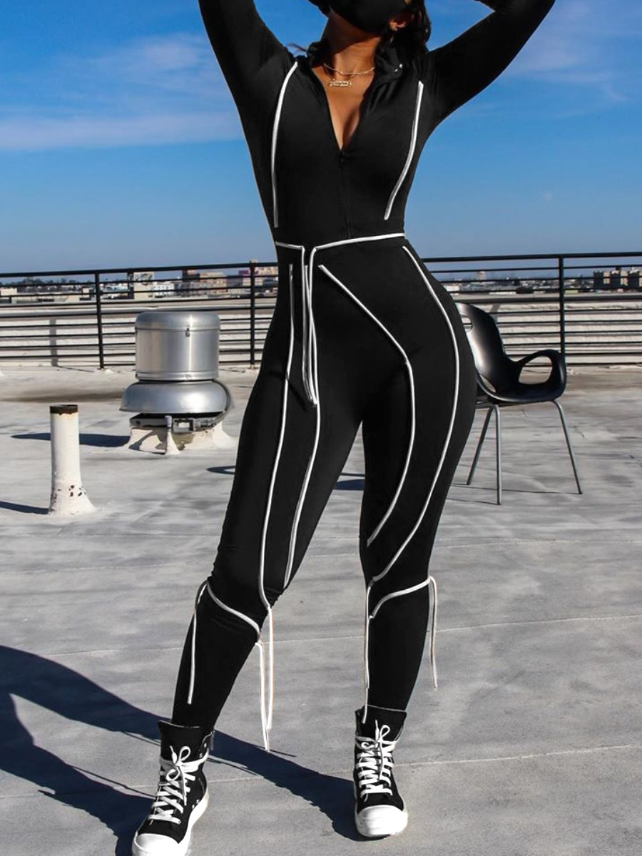 

LW Ribbon Decor Asymmetrical Solid Jumpsuit, Black
