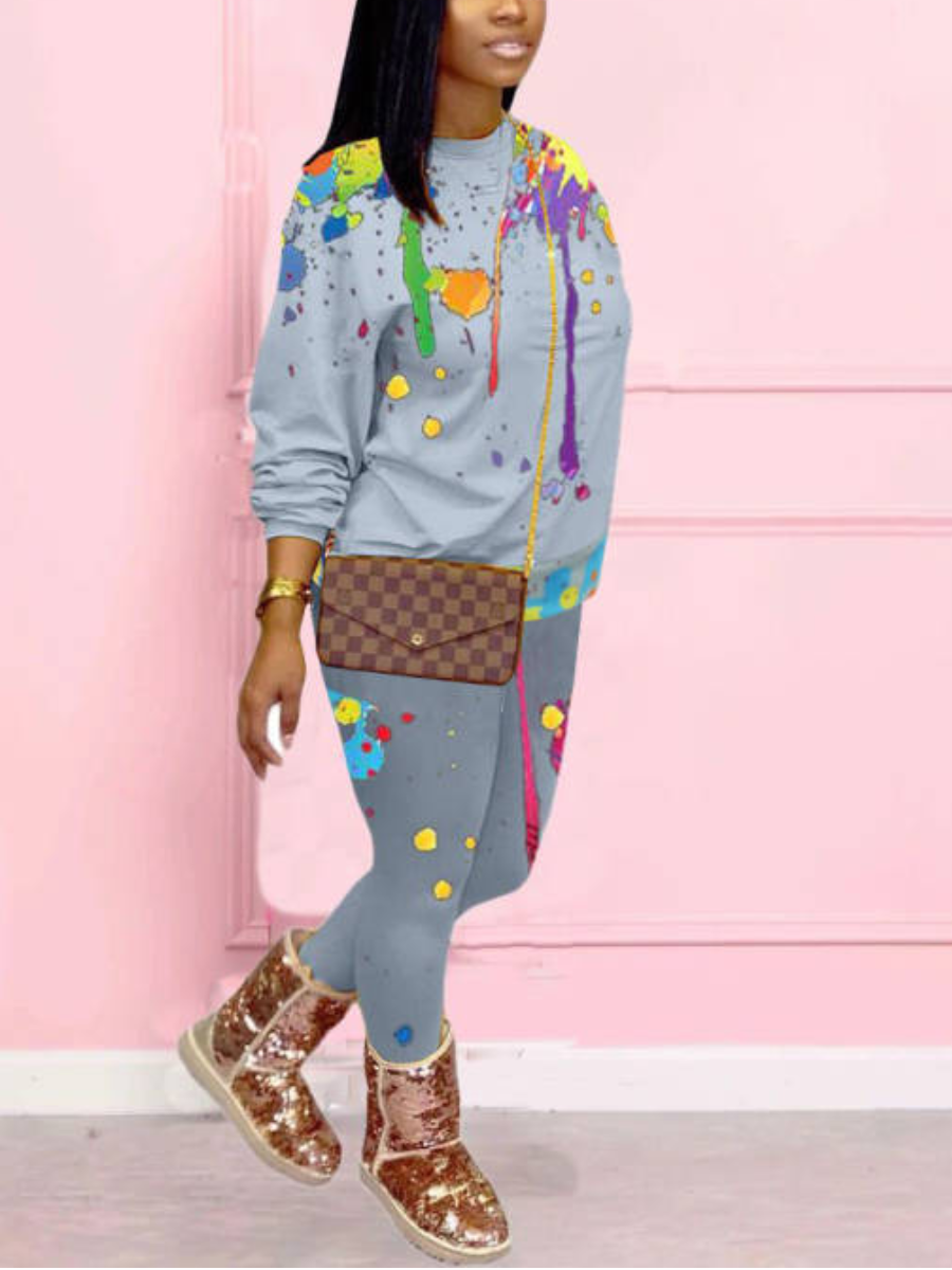 

LW Cotton Splash Ink Print Pants Set, Grey