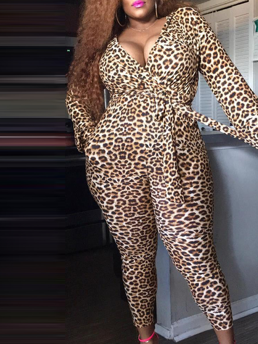 

LW SXY Plus Size Bandage Design Leopard Print Jumpsuit