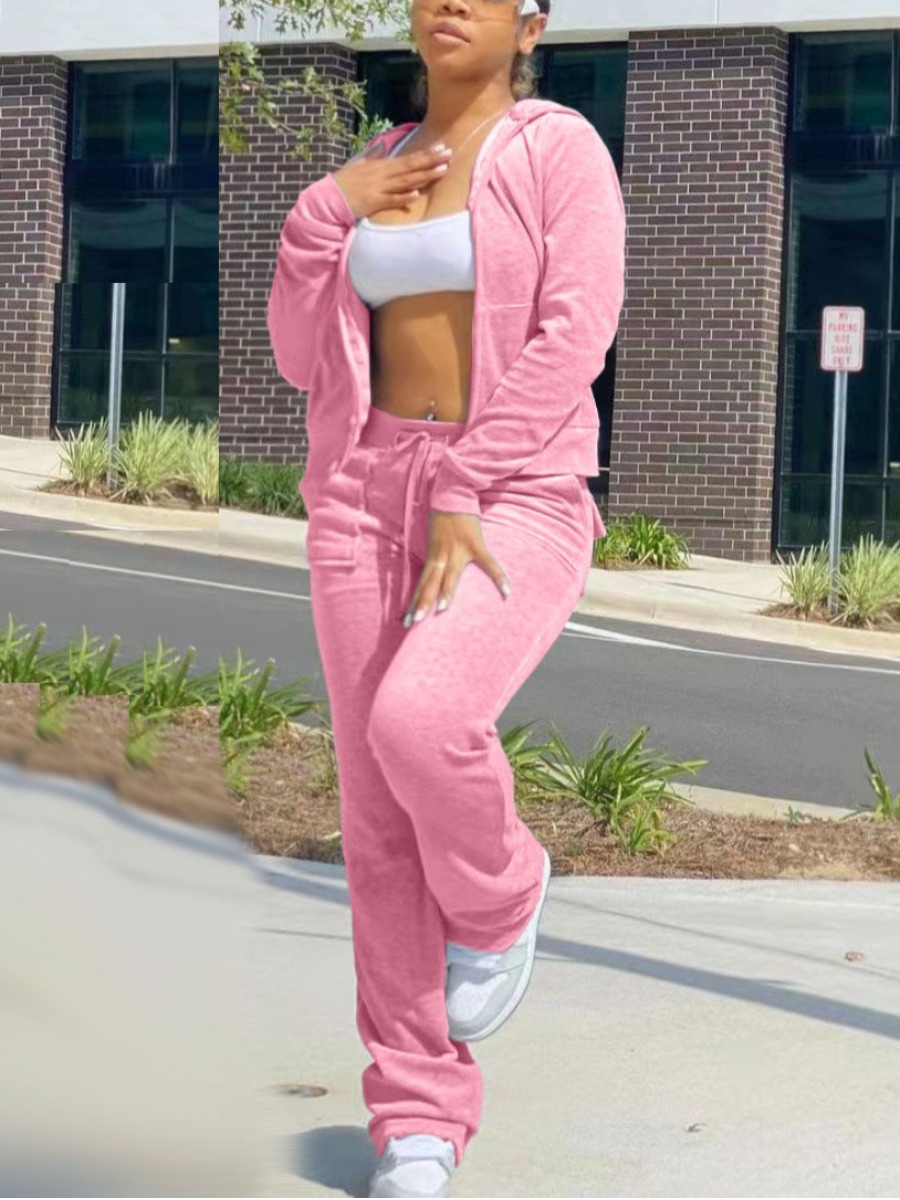 

LW Hooded Collar Drawstring Tracksuit Set, Pink