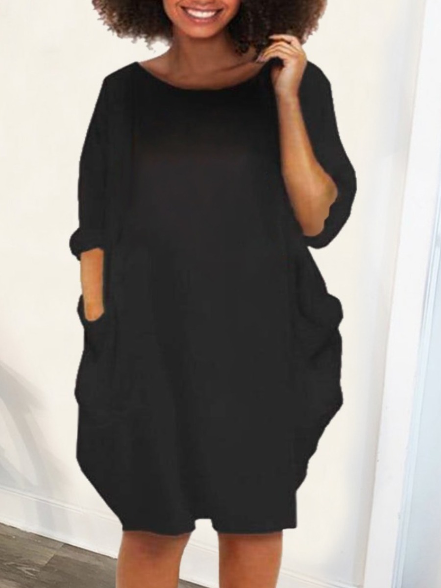 LW BASICS Round Neck Pocket Design Dress, Black