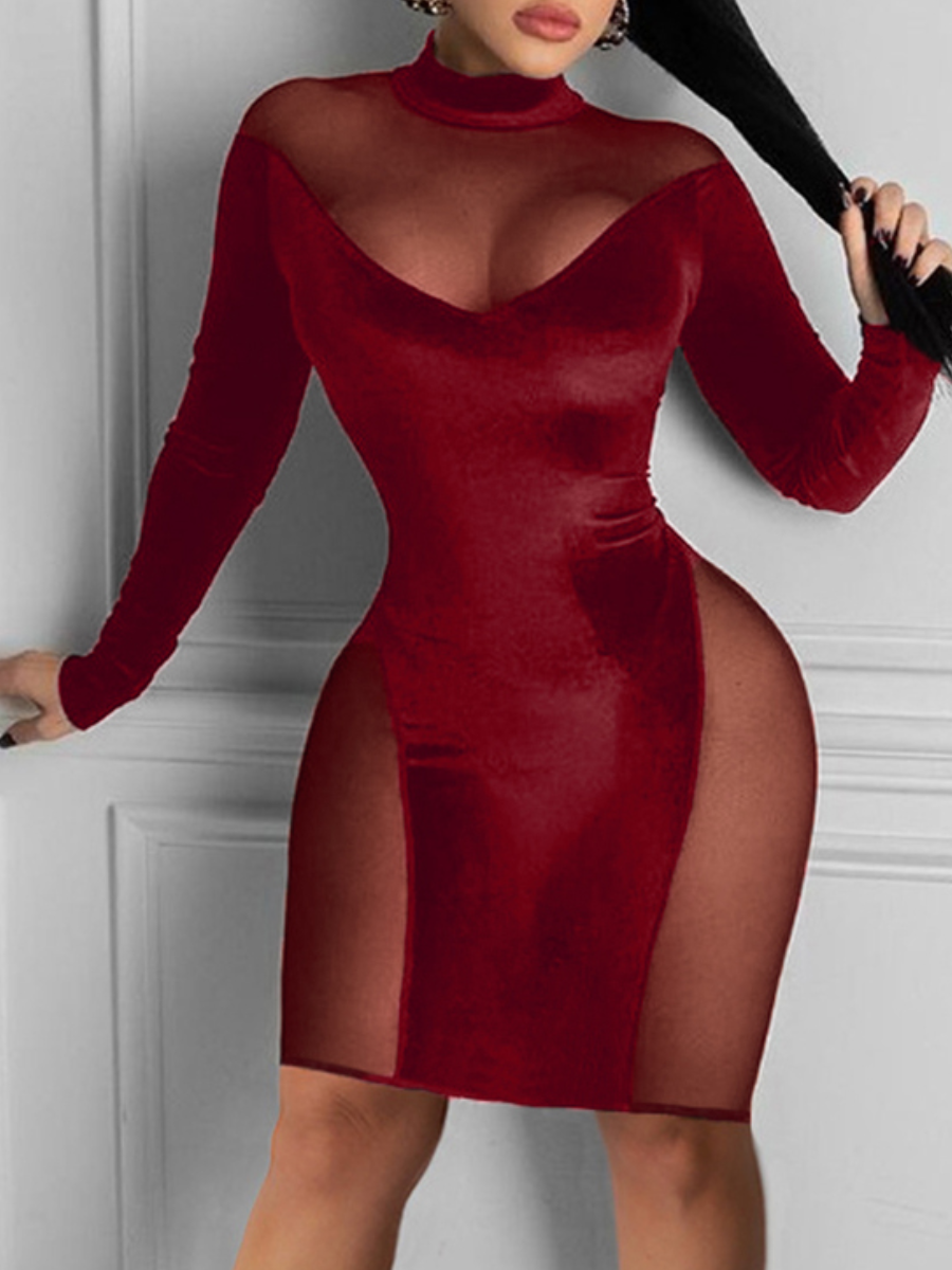 

LW SXY Velvet See-through Bodycon Prom Dress, Red