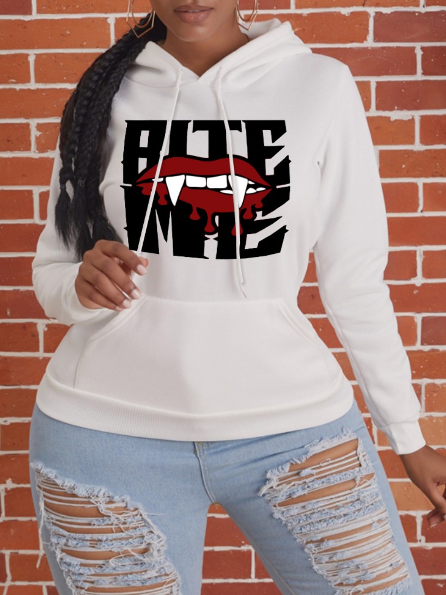 

LW Lip Letter Print Hoodie, White