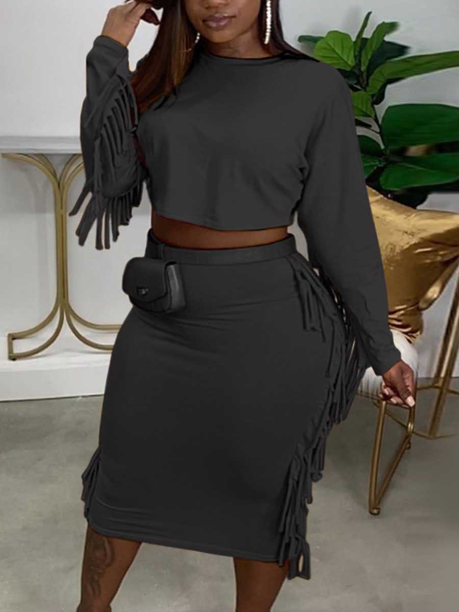 

LW Plus Size Tassel Design Crop Top Skirt Set, Black
