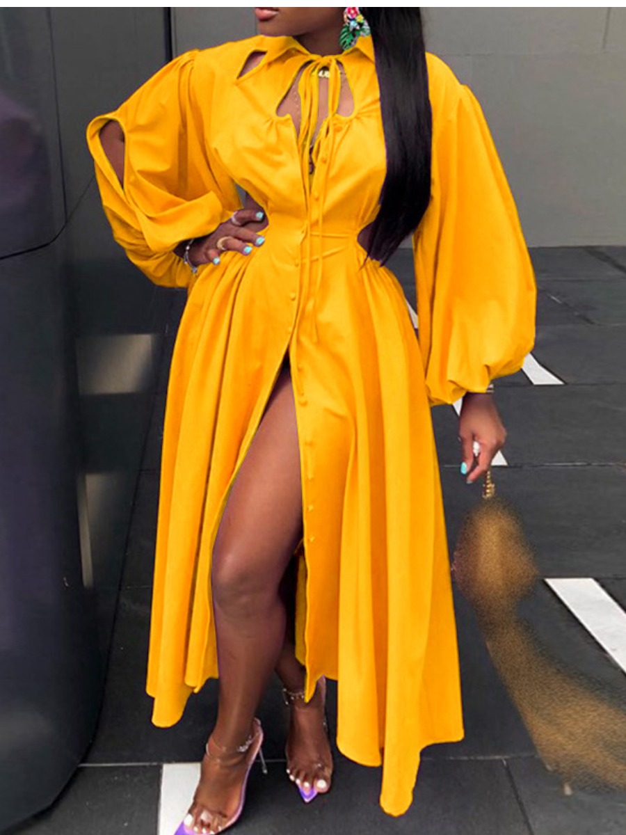 

LW SXY Split Sleeve Button Design Shirt Dress, Yellow