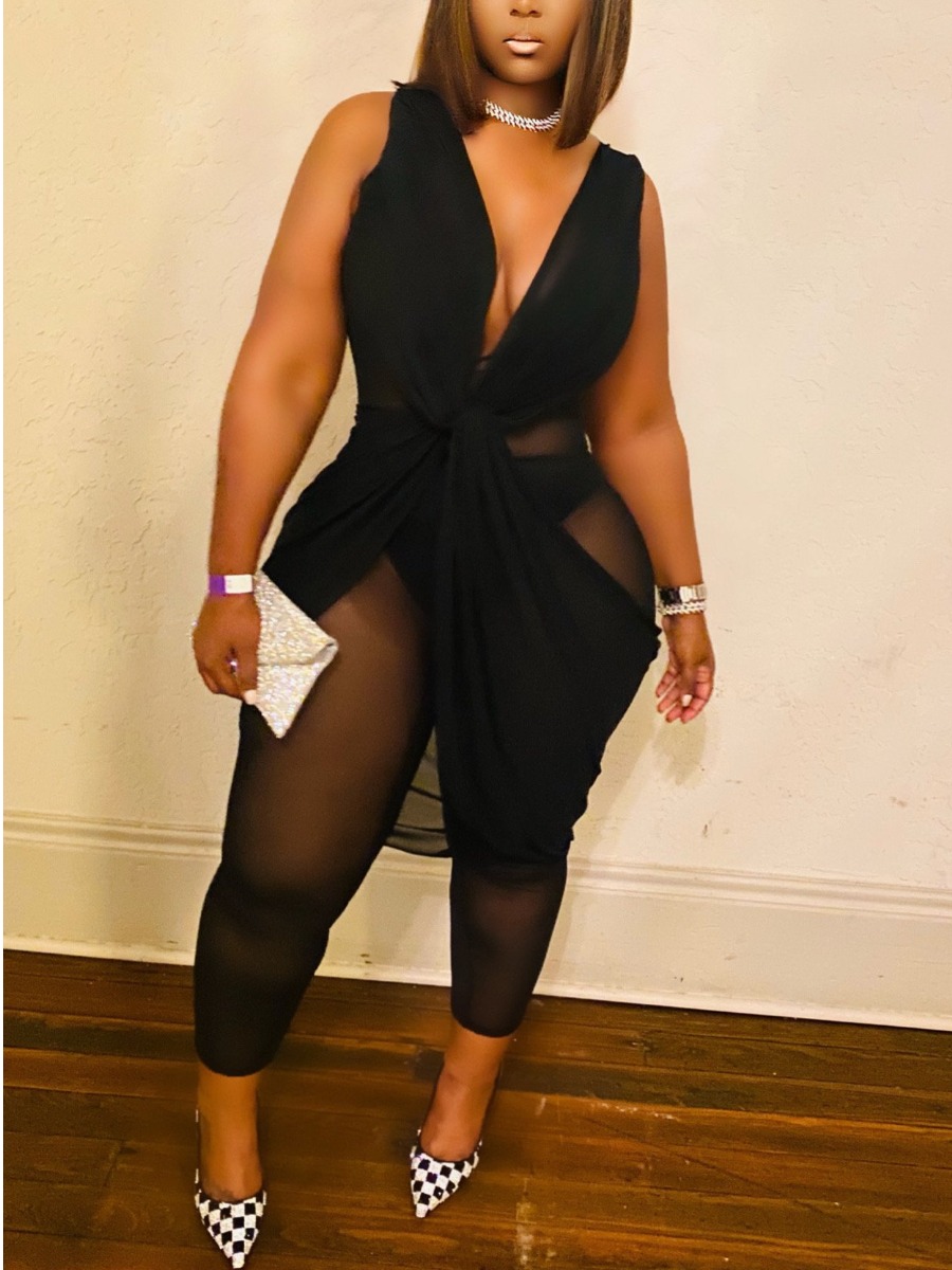 LW SXY Plus Size Twist Front See-through Jumpsuit