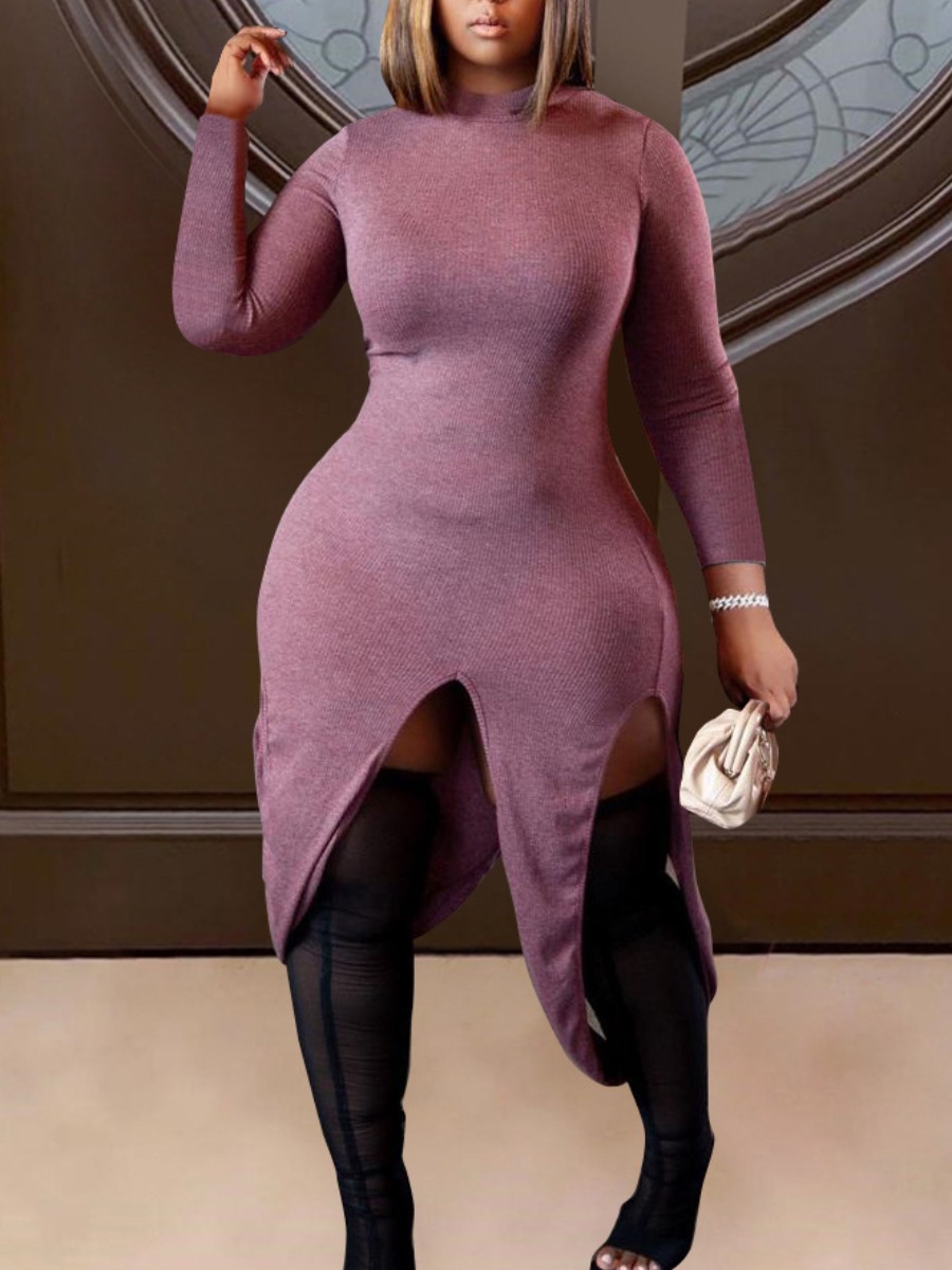 

LW Plus Size Rib Knit Split Bodycon Dress, Purple