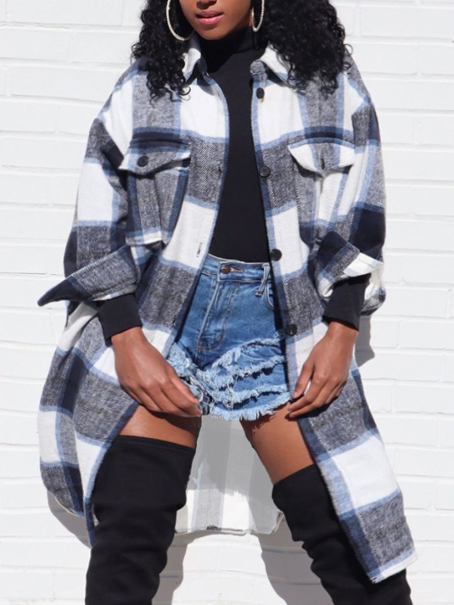 

LW Plus Size Button Design Plaid Coat, Black