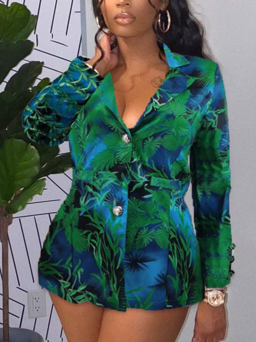 

LW Floral Print Button Design Blazer, Green