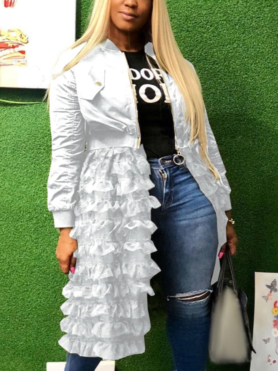 

LW Plus Size Mesh Ruffle Hem Zip Up Coat, White