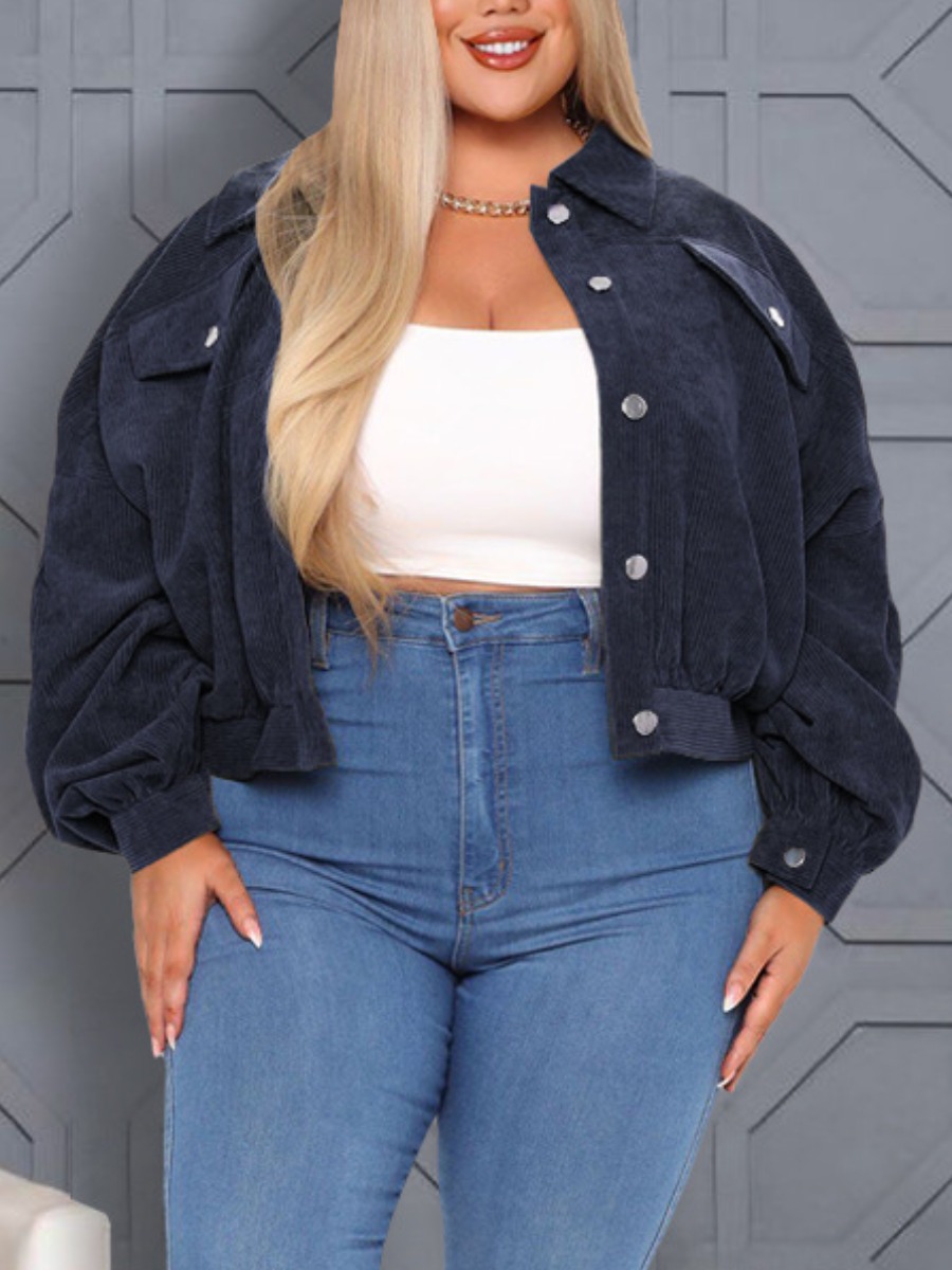 

LW Plus Size Corduroy Button Decor Jacket, Deep blue