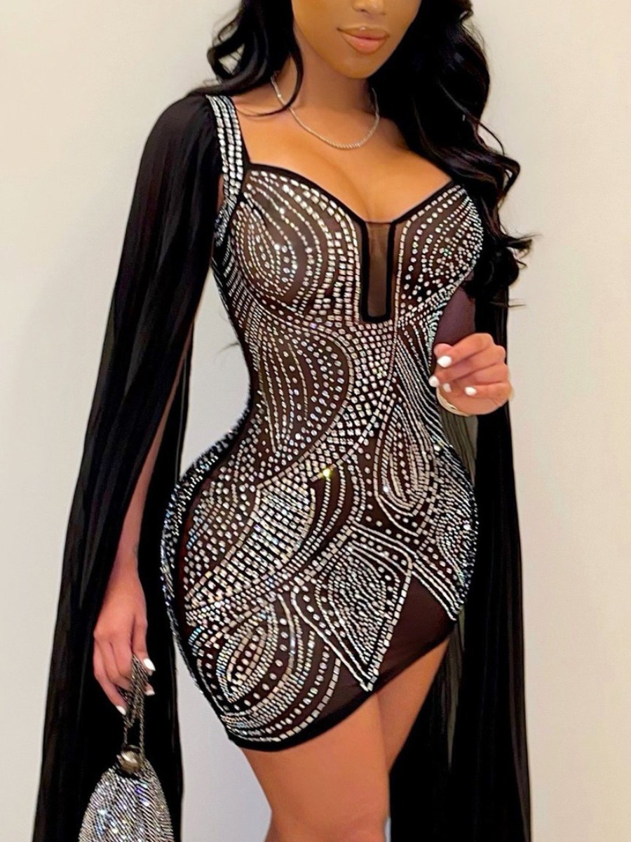 

LW Extra Long Sleeve Sequined Prom Dress, Black
