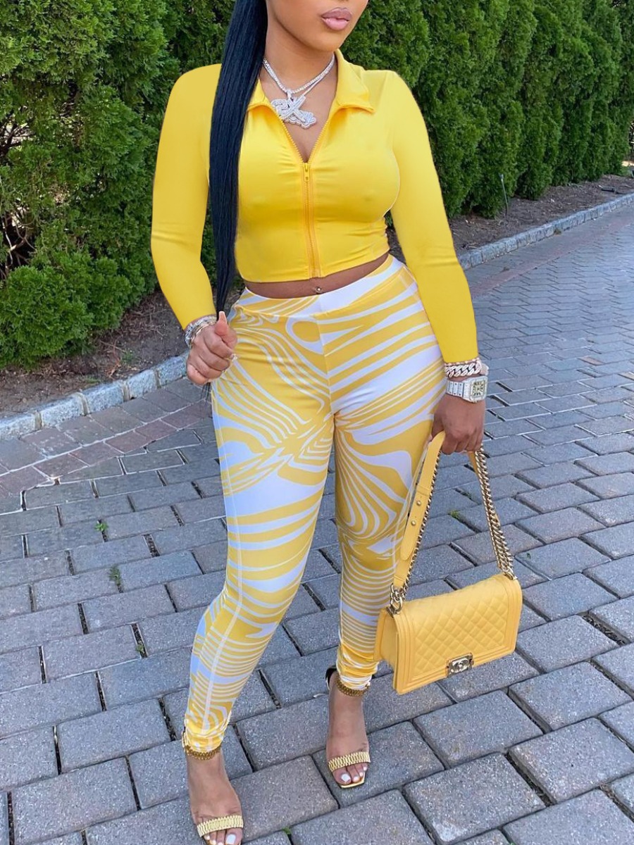 

LW Zip Up Striped Crop Pants Set, Yellow