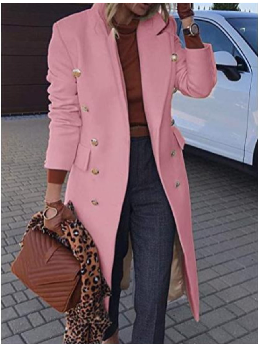 

LW Button Decor Solid Wool Overcoat, Pink