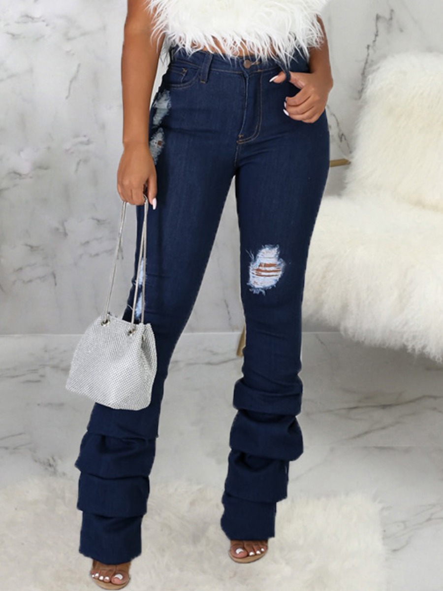 

LW Ripped Stacked Flared Jeans, Deep blue