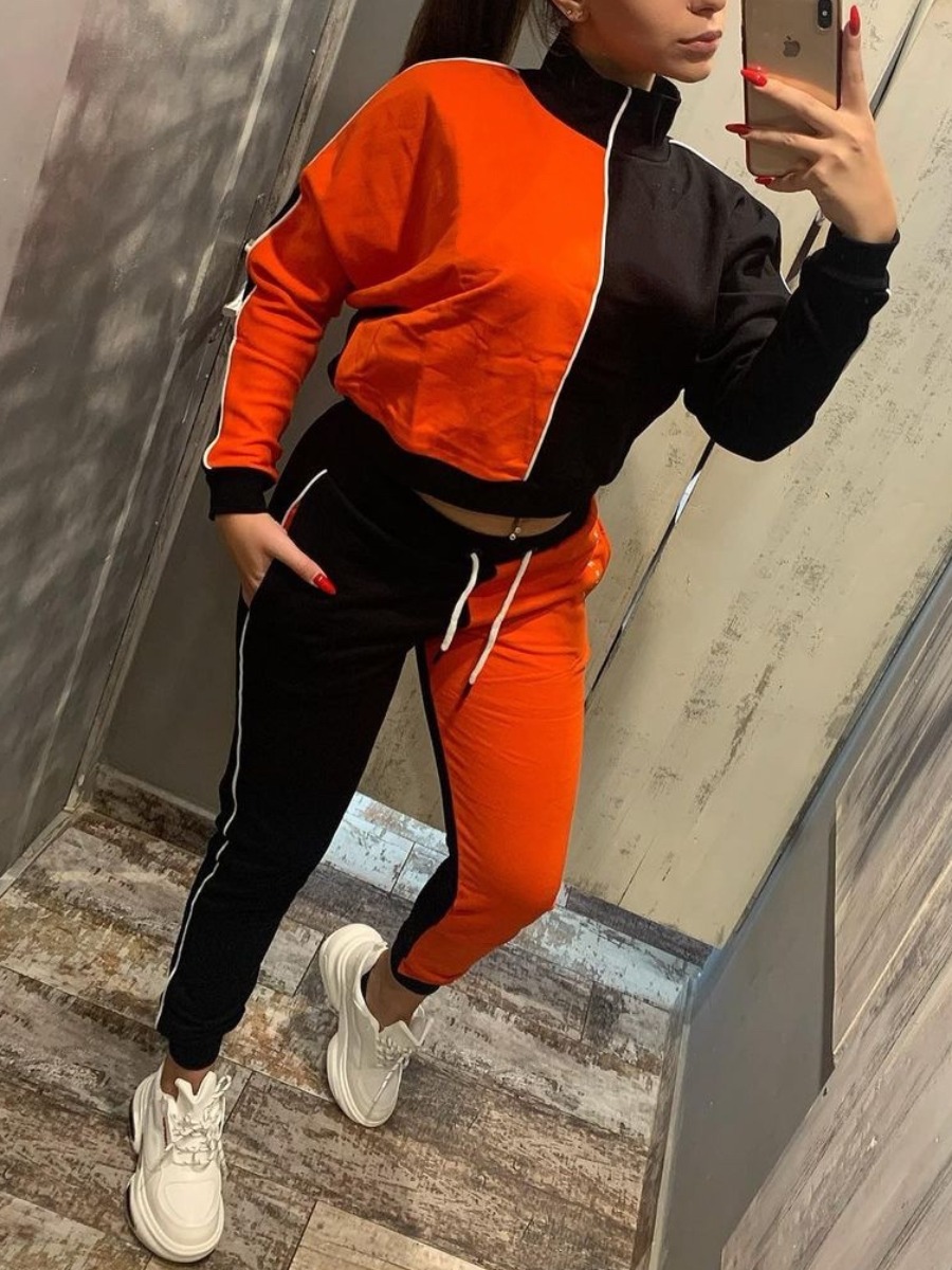 

LW Letter Print Patchwork Drawstring Tracksuit Set, Orange red
