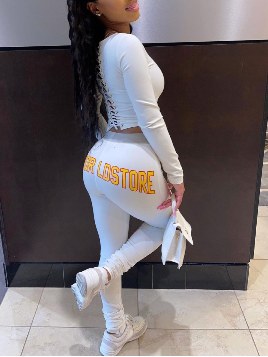 

LW Letter Print Bandage Design Pants Set, White