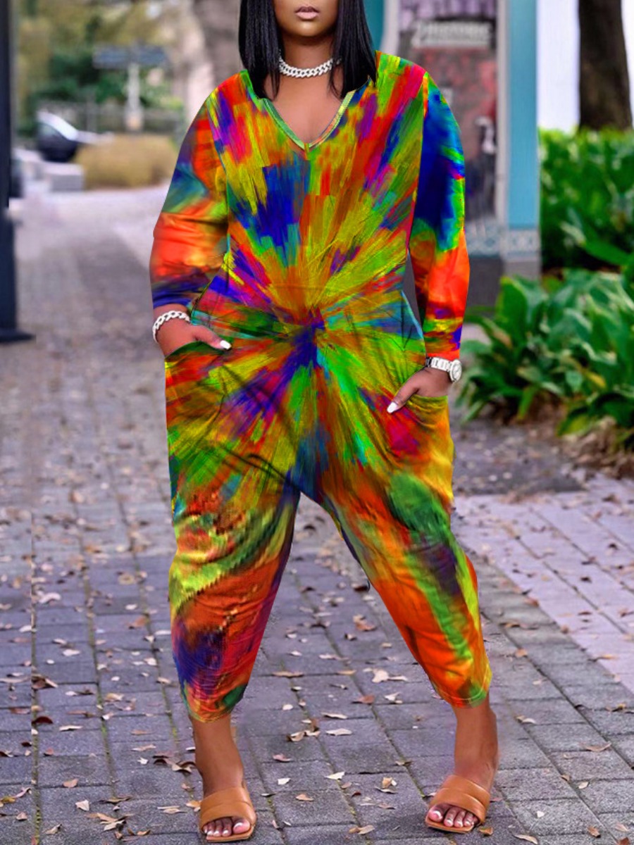 

LW Plus Size Pocket Design Tie Dye Jumpsuit, Multi