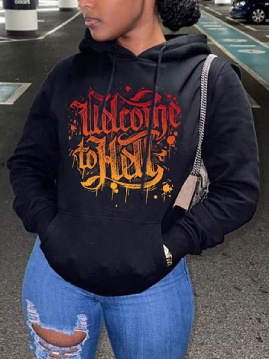 

LW Letter Print Pocket Design Hoodie, Black