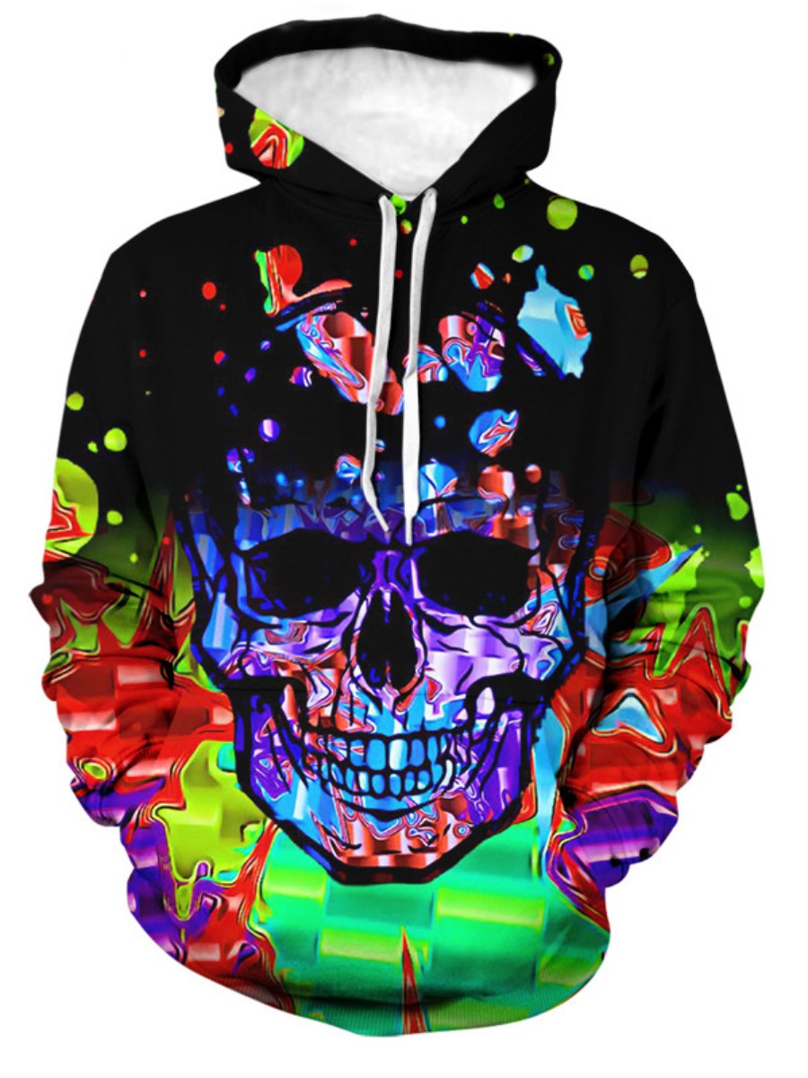 

LW Men Skull Head Print Kangaroo Pocket Hoodie, Multi
