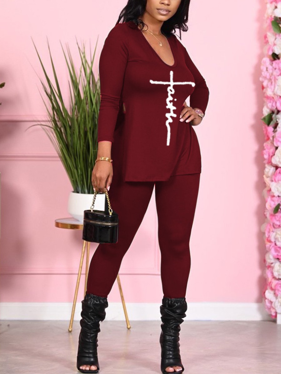

LW Faith Drawing Split Pullover Pants Set, Wine red
