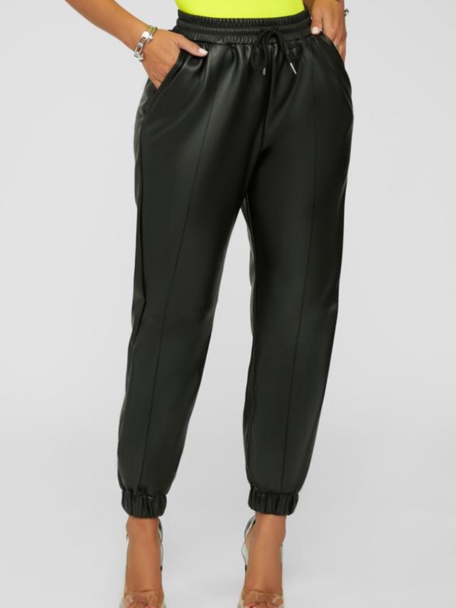 

LW PU Mid Waist Drawstring Solid Pants, Black