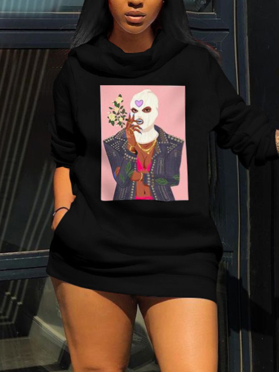 

LW Plus Size Pocket Design Cartoon Print Sweat Dress, Black