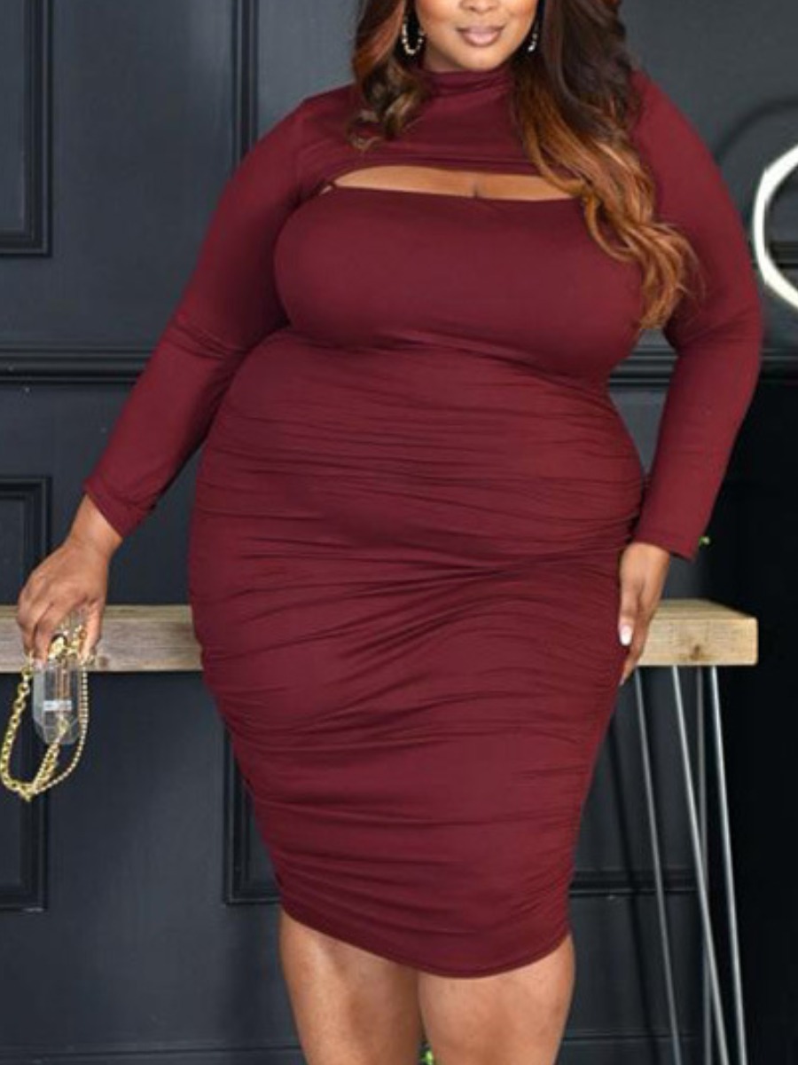 

LW Plus Size Ruched Solid Drees Set, Wine red