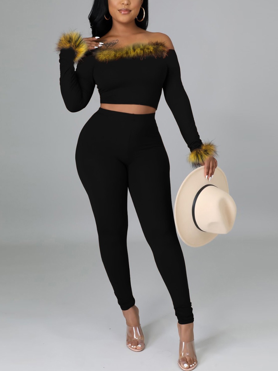 

LW Faux Fur Patchwork Skinny Pants Set, Black