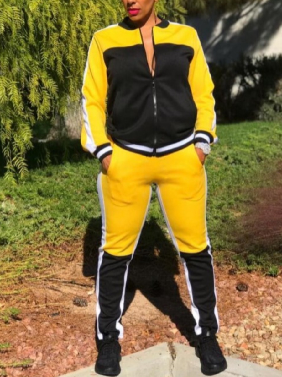 

LW Striped Patchwork Zip Up Tracksuit Set, Yellow