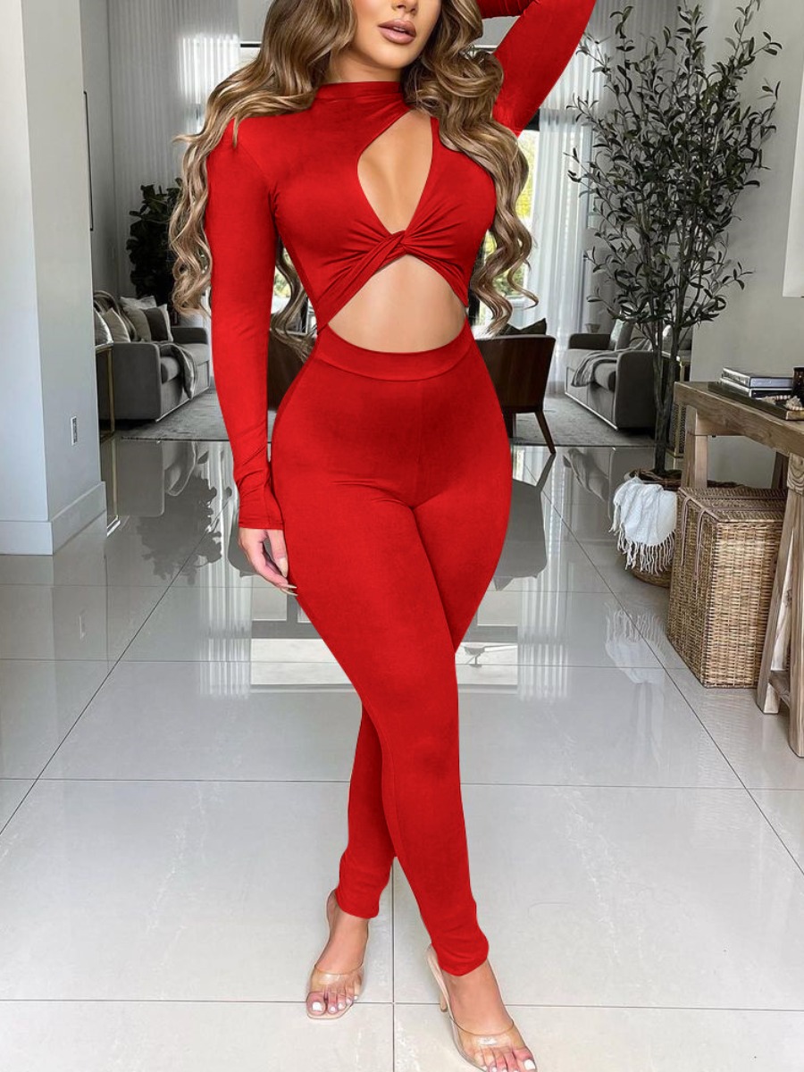 

LW SXY Hollow-out Design Skinny Jumpsuit, Red