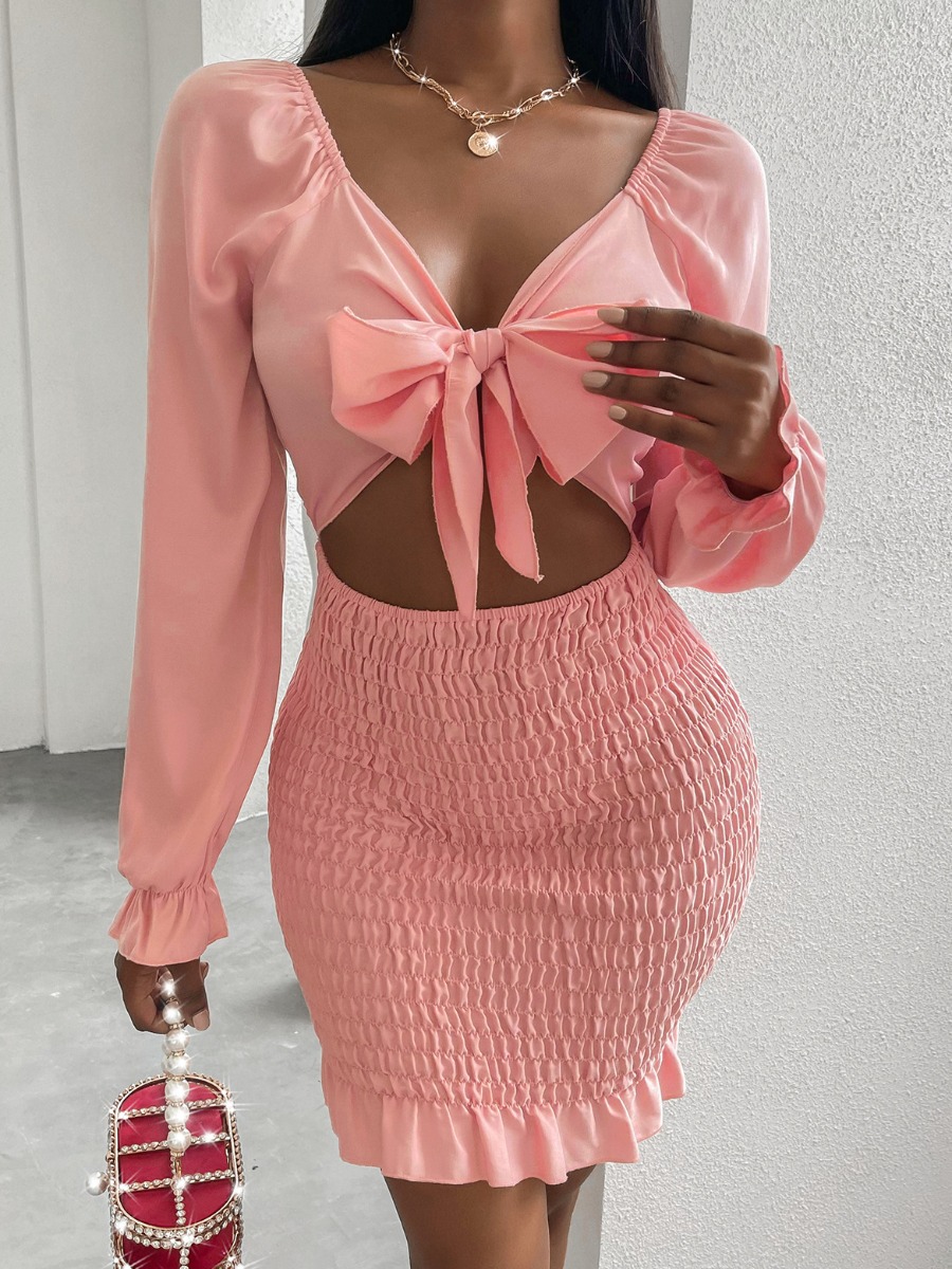 

LW SXY Bow-tie Decor Shirred Bodycon Dress, Pink