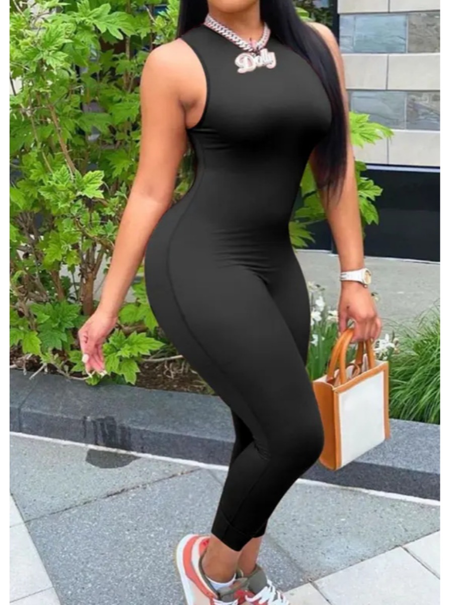 

LW BASICS Zipper Design Solid Jumpsuit, Black