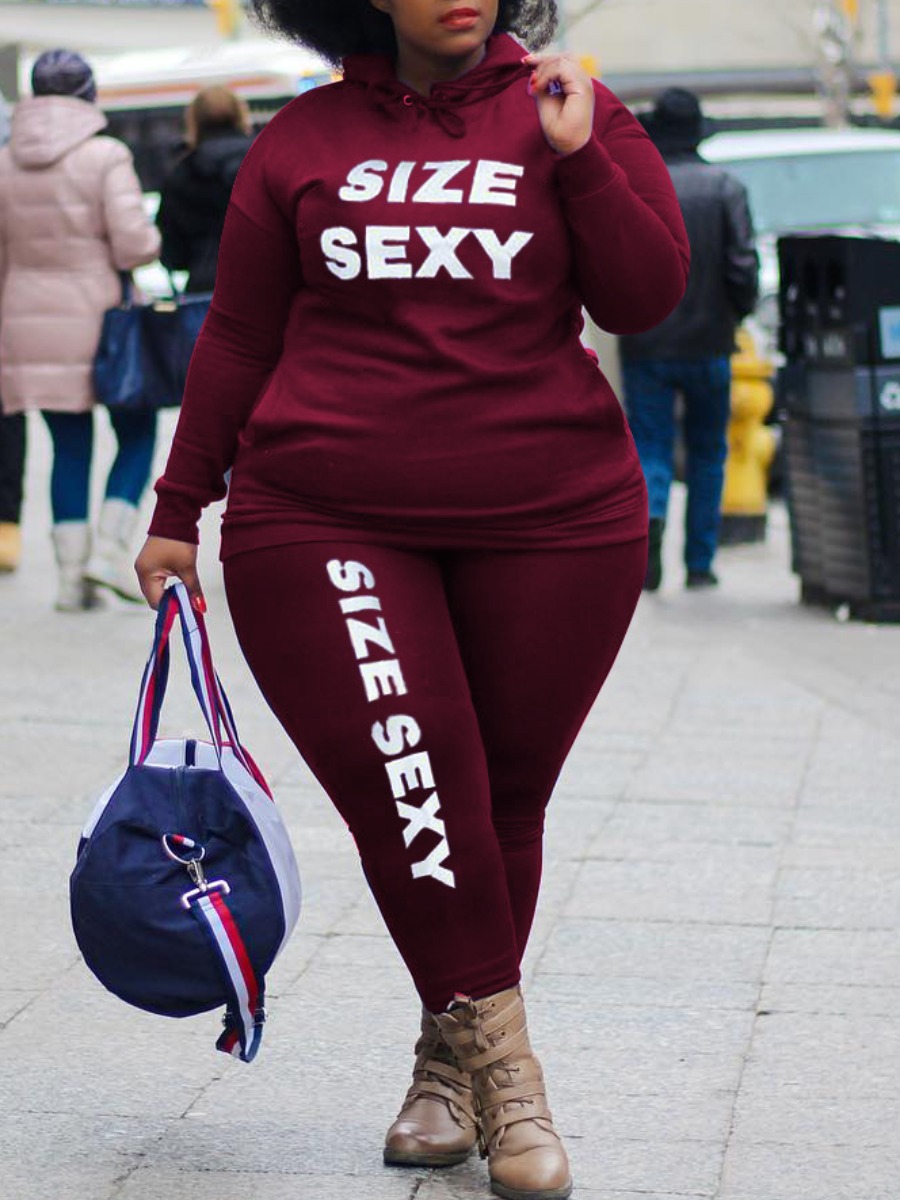 

LW Plus Size Hooded Collar Letter Print Tracksuit Set, Wine red