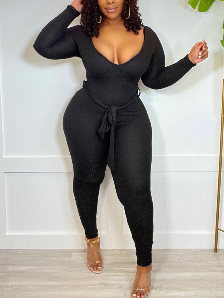 

LW BASICS Waist Tie Solid Skinny Jumpsuit, Black
