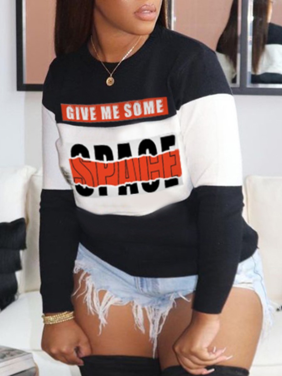 

LW Plus Size Letter Print Patchwork Sweatshirt, Black and white