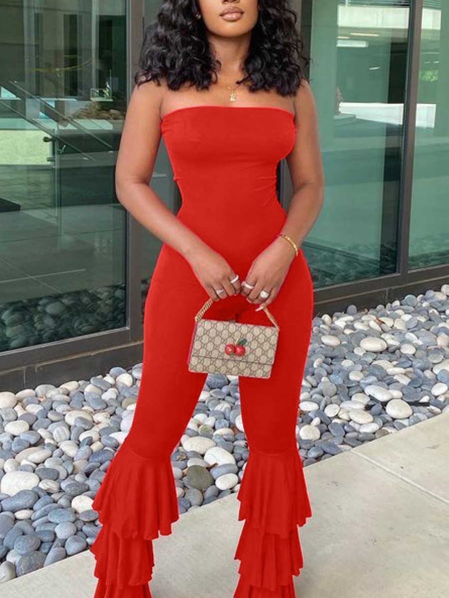 

LW SXY Ruffle Hem Flared Skinny Jumpsuit, Red
