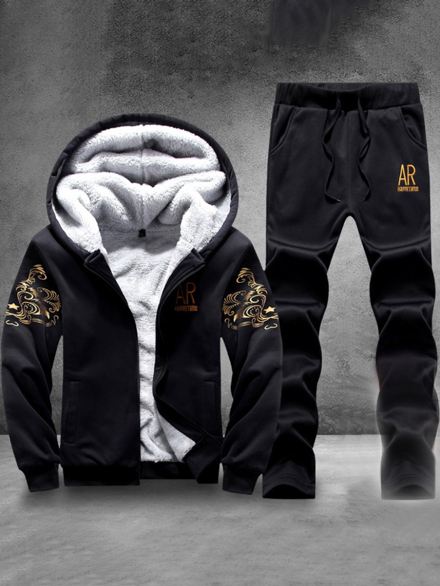 

LW Men Letter Print Zip Up Tracksuit Set, Black